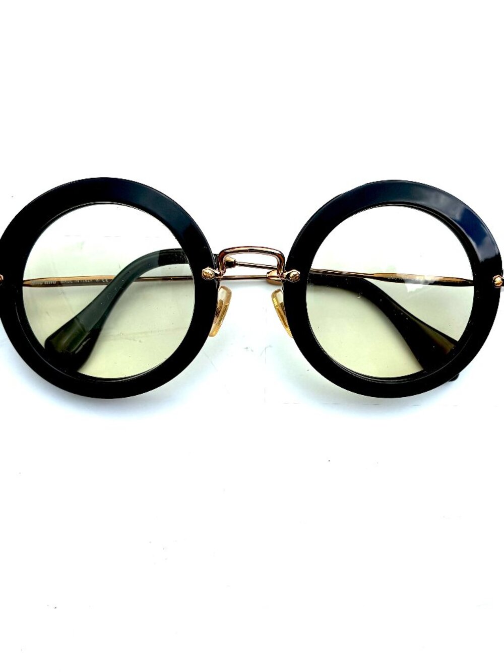 Miu Miu Round Sunglasses SMU 13N Black Acetate Gold Frames w/Case, Pouch, Italy